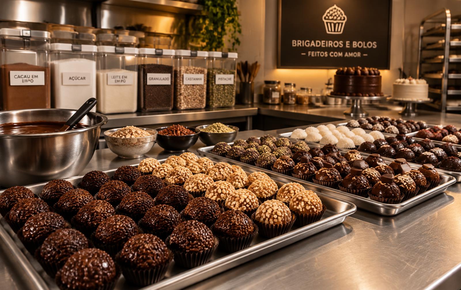 Bancada de produção com bandejas de brigadeiros e potes de ingredientes etiquetados